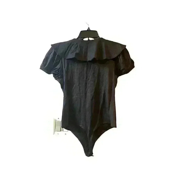 NWT Susana Monaco Short Sleeve Plunging V-Neck Flutter Bodysuit Black Size L - Picture 6 of 10